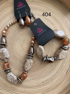 404 Paparazzi Brown Stone Bead Necklace and Bracelet Set